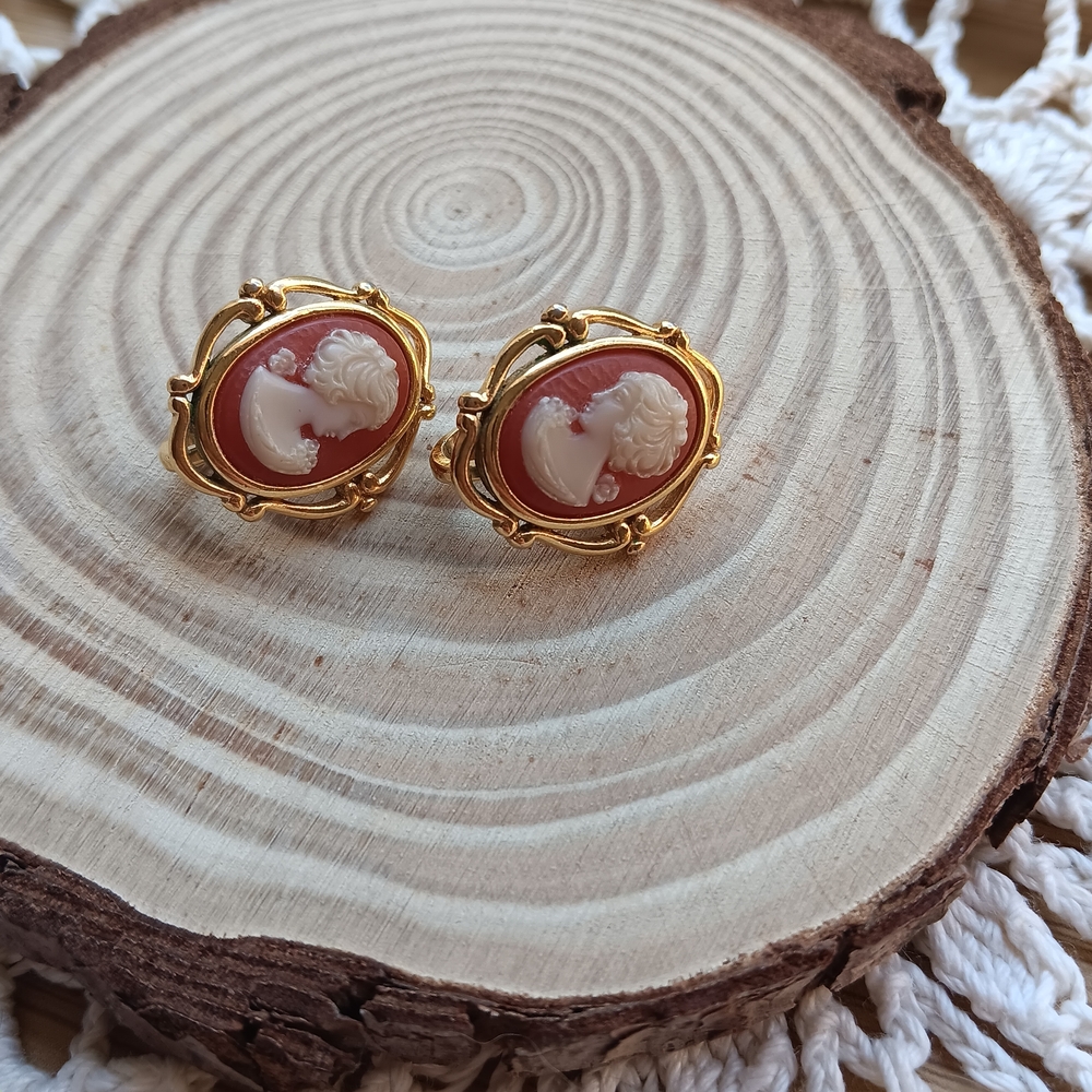 Trifari Vintage Gold and Red Clip-on Cameo Earrings